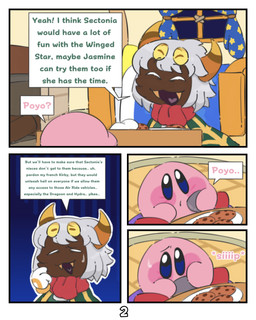 2_horns 4_eyes ambiguous_gender bed bodily_fluids container cookie cup dark_body dark_skin dialogue duo fangs food furniture horn mentioned_character multi_eye open_mouth open_smile pink_body scarf smile speech_bubble sweat sweatdrop teeth text window kittipaws kirby_(series) nintendo kirby taranza arachnid arthropod spider spidr waddling_head absurd_res comic english_text hi_res