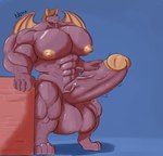 4_toes 5_fingers abs anthro areola balls big_balls big_muscles big_pecs big_penis blue_background bodily_fluids erect_nipples feet fingers genital_fluids genitals glans glistening glistening_body huge_balls huge_muscles huge_pecs huge_penis hyper hyper_balls hyper_genitalia hyper_muscles hyper_pecs hyper_penis looking_pleasured male membrane_(anatomy) membranous_wings motion_lines muscular muscular_anthro muscular_male nipples orange_areola orange_glans orange_nipples pecs penis purple_balls purple_body purple_penis red_sclera simple_background smile solo spread_wings teeth_showing throbbing throbbing_penis toes vein veiny_penis wall_(structure) wings yellow_eyes nohaburr gats_(stabstag) bat mammal cel_shading hi_res shaded signature