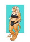 abs anthro athletic athletic_gynomorph athletic_intersex athletic_wear blonde_hair bra breasts bulge cleavage clothed clothed_anthro clothed_gynomorph clothed_intersex clothing deltoids digitigrade gynomorph hair intersex long_hair looking_at_viewer naughty_face navel obliques panty_bulge simple_background smile solo sports_bra sportswear standing three-quarter_view toned_gynomorph underwear white_hair blazingifrit leandra_farai felid lion mammal pantherine colored digital_media_(artwork) full-length_portrait hi_res portrait shaded