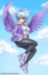 alternate_species bottomwear clothed clothing cloud eyelashes female footwear fully_clothed hair hand_in_pocket humanoidized jacket looking_at_viewer midriff multicolored_hair navel not_furry pants pockets purple_eyes shirt shoes sky smile solo text topwear two_tone_hair wings racoon-kun friendship_is_magic hasbro my_little_pony cloud_chaser_(mlp) humanoid winged_humanoid 2021 digital_media_(artwork) hi_res url