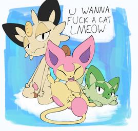 ambiguous_gender female feral genitals group looking_at_viewer male penis presenting presenting_penis presenting_vulva profanity teasing text trio vulva muzzzzz nintendo pokemon domestic_cat felid feline felis generation_1_pokemon generation_3_pokemon generation_9_pokemon mammal meowth pokemon_(species) skitty sprigatito absurd_res english_text hi_res