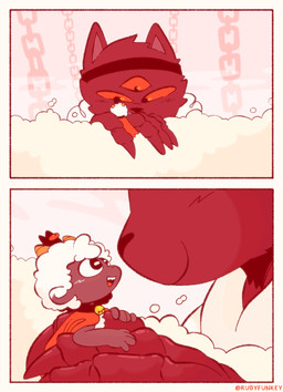 2_horns 3_eyes ambiguous_anthro ambiguous_gender anthro fur horn larger_ambiguous multi_eye open_mouth open_smile red_eyes size_difference smaller_ambiguous smile white_body white_fur white_wool wool_(fur) rubyfunkey cult_of_the_lamb massive_monster_(studio) lamb_(cult_of_the_lamb) the_one_who_waits bovid caprine domestic_cat felid feline felis mammal sheep 2024 comic digital_drawing_(artwork) digital_media_(artwork) hi_res