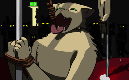 ankles_tied bdsm being_watched bodily_fluids bondage bound column cum death digitigrade fur genital_fluids green_eyes hands_tied hanged looking_at_another male open_mouth pipe restrained restraints rope rope_bondage shadow suspension tail tail_tied teeth tongue white_body white_fur yellow_eyes chuchochi domestic_cat felid feline felis mammal absurd_res hi_res