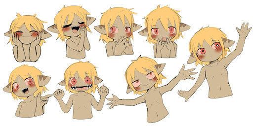 anthro blonde_hair blush breasts brown_body eyes_closed fangs featureless_breasts female gesture hair hand_gesture looking_at_viewer navel nude pointing simple_background small_breasts smile solo teeth waving white_background young young_anthro young_female doneru tany_(doneru) bamfear hi_res adult_(lore)