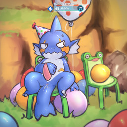 anthro anus balloon balloon_fetish balloon_popping biped birthday blue_balloon blurred_background bodily_fluids chair clothing cross-popping_vein cum cum_in_ass cum_inside froggy_chair furniture game_ui genital_fluids genitals grass hand_on_belly hat headgear headwear helium holding_balloon inflatable male on_chair outside party_hat party_hat_only penis pink_balloon plant precum red_balloon rock sitting sitting_on_chair solo squeezing tapering_penis text yellow_balloon badipoki palworld pocketpair gobfin hybrid pal_(species) 1:1 absurd_res english_text hi_res