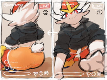 after_transformation ambiguous_gender anthro black_clothing black_hoodie black_topwear bottomwear butt clothing hoodie livestream orange_bottomwear orange_clothing orange_shorts phone_view red_eyes shorts solo topwear netchy_boo nintendo pokemon fan_character cinderace generation_8_pokemon pokemon_(species) 4:3 hi_res