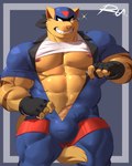 abs anthro balls bulge clothed clothing erection erection_under_clothing fur genitals grin male muscular muscular_anthro muscular_male nipples pecs penis raised_clothing raised_shirt raised_topwear shirt smile solo topwear yellow_body yellow_fur reclamon hanna-barbera swat_kats chance_furlong domestic_cat felid feline felis mammal 2022 4:5 hi_res