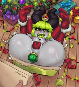 areola armwear black_horn black_sclera bodily_fluids box breasts buttplug camel_toe christmas_clothing clothing container crossgender eyelashes feet female gift_box green_eyes green_hair green_tongue grey_body hair holidays horn legwear looking_at_viewer lying maebari nipples on_back open_mouth plug_(sex_toy) purple_areola purple_nipples red_armwear red_clothing red_legwear sex_toy sharp_teeth solo spread_legs spreading sweat sweatdrop teeth thick_thighs tongue wide_hips fram_lina christmas dota valve pugna horned_humanoid humanoid