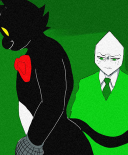 anthro bite biting_lip black_body black_fur bow_tie butt clothing duo electronics frown fur green_eyes looking_at_butt looking_down male male/male microphone necktie nervous oblivious poncho smile tail white_body yellow_eyes 467doggo deltarune undertale_(series) cat_mike_(deltarune) small_mike_(deltarune) domestic_cat felid feline felis humanoid mammal pippins_(deltarune) hi_res