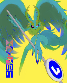 ambiguous_gender anthro antlers biped black_sclera blue_fingernails blue_nails chest_tuft colored_nails countershading digitigrade featureless_crotch fighting_pose fingernails fluffy fluffy_tail front_view fur head_wings holding_object holding_sign horn huge_wings improvised_weapon looking_at_viewer mouthless multicolored_body multicolored_eyes multicolored_fur nails neck_tuft nude_anthro orange_body orange_fur pink_eyes pose pupils sign simple_background solo stylized_text tail tan_body tan_fur teal_body teal_eyes teal_fur text traffic_sign tuft unusual_wing_placement wings yellow_background gemini_kirby kirby_(series) nintendo fecto_elfilis alien chinchilla chinchillid mammal rodent starling_(kirby) absurd_res digital_drawing_(artwork) digital_media_(artwork) digital_painting_(artwork) english_text hi_res painting_(artwork)