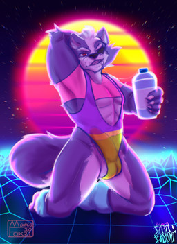 1980s_theme abs anthro athletic_wear ball_camel_toe balls bodily_fluids bottle claws clothed clothing container crop_top erection erection_under_clothing eye_patch eyewear genitals hand_behind_head holding_bottle holding_container holding_object humanoid_genitalia humanoid_penis kneeling leg_warmers legwear leotard looking_at_viewer male muscular muscular_anthro muscular_male pecs penis saliva saliva_string shirt smile solo synthwave topwear translucent translucent_clothing water_bottle marcofox thebarabandit nintendo star_fox wolf_o'donnell canid canine canis mammal wolf 2021 absurd_res artist_collaboration hi_res signature