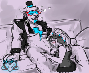 anthro anthro_penetrating anthro_penetrating_female anthro_penetrating_human balls blush bottomless bottomless_anthro bottomless_male bracelet breasts clothed clothed_female clothed_human clothing duo fellatio female female_human female_on_anthro female_penetrated genitals hand_on_another's_head hand_on_head hat headgear headwear heart_symbol human_on_anthro human_penetrated interspecies jewelry kneeling_oral_position larger_anthro larger_male looking_pleasured male male/female male_anthro male_on_human male_penetrating male_penetrating_female male_penetrating_human oral pecs penetration penile penis penis_in_mouth sex side_boob sitting size_difference smaller_female smaller_human spiked_bracelet spikes top_hat topwear undone_tie vest devilchicky210 five_nights_at_freddy's five_nights_at_freddy's:_security_breach scottgames steel_wool_studios glamrock_freddy bear human mammal monochrome spot_color