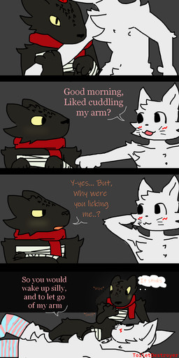 anthro bandage black_body black_fur claws dialogue duo fur head_lick licking male male/male scarf simple_background thought_bubble tongue waking_up white_body white_fur toiletdestroyer casualties:_unknown silly_cat_(mauzymice) canid canine expie_(gunsawian) felid feline gunsawian mammal absurd_res comic hi_res