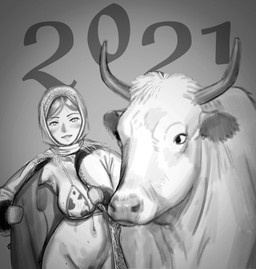 2_horns ambiguous_gender animal_print animal_print_bikini big_breasts bikini blush blush_lines bottomless breasts clothed clothing cow_print cow_print_bikini duo eyelashes female feral flashing flashing_breasts front_view grey_background horn looking_at_viewer navel open_clothing pattern_bikini pattern_clothing pattern_swimwear simple_background smile swimwear text two-piece_swimsuit wide_eyed wide_hips winter_clothing wassnonnam bovid bovine cattle human mammal absurd_res english_text hi_res monochrome