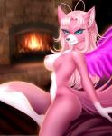 ahoge anthro bed big_breasts blue_eyes breasts crystal female fire fireplace fur furniture hair long_hair nipples nude pink_body pink_fur pink_hair solo wings adorableinall mariah_veiethe canid canine canis mammal wolf digital_media_(artwork)