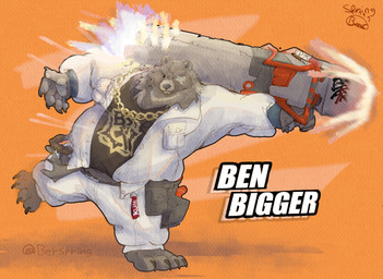 anthro attack barefoot brown_body brown_fur clothing facial_scar feet fur jewelry male missing_eye necklace overweight ranged_weapon rocket_launcher scar solo text weapon white_clothing berspring mihoyo zenless_zone_zero ben_bigger bear mammal absurd_res english_text hi_res