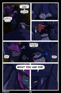 anthro anthro_on_anthro black_border blue_body blue_skin bodily_fluids border breasts butt butt_grab cave chest_tuft dialogue duo fangs female from_front_position fur genitals glowing grey_body grey_fur hand_on_butt lying male male/female moan night nipples raised_arms red_eyes speech_bubble sweat teeth text tuft r3ptart nintendo pokemon eeveelution garchomp generation_4_pokemon generation_5_pokemon glaceon pokemon_(species) zoroark absurd_res comic english_text hi_res