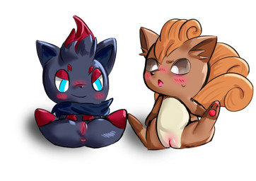anus black_body black_fur blush bodily_fluids brown_body brown_fur duo female female/female feral fur genitals sweat vulva olihai nintendo pokemon generation_1_pokemon generation_5_pokemon pokemon_(species) vulpix zorua absurd_res hi_res
