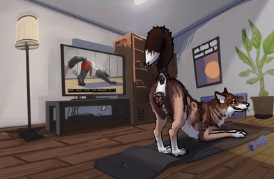 animal_genitalia animal_vulva anus blush butt canine_genitalia canine_vulva downward_dog electronics female feral genitals gym_mat gymnastics inside mottled mottled_genitalia mottled_vulva pose presenting presenting_hindquarters raised_tail solo tail teasing television vulva brozoi juniper_(fishymishy) canid canine canis mammal wolf hi_res