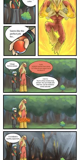 abs ambiguous_gender anthro attack backpack ball beak black_hair blonde_hair blue_eyes bottomwear burnt close-up clothing dialogue duo ellipsis feathers fire footwear forest gloves glowing grasp grass hair hand_in_pocket hands_in_both_pockets handwear holding_object holding_pokeball humor jumping kerchief light looking_down male muscular nude open_mouth outside pants pecs pink_body pink_skin plant pockets pokeball question_mark red_nose shirt shoes short_hair size_difference sky smoke speech_bubble standard_pokeball standing straps tan_body tan_skin text tongue topwear tree white_hair epifex nintendo pokemon brendan_(pokemon) avian bird blaziken generation_3_pokemon human mammal pokemon_(species) comic english_text hi_res