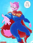 anthro big_breasts breasts clothed clothing female hair hero heroine looking_at_viewer pink_body pink_hair simple_background sky smile solo superhero tail text laureano dc_comics supergirl superman canid canine canis mammal 3:4 absurd_res digital_media_(artwork) english_text hi_res