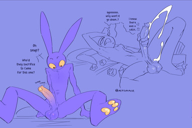 anthro balls big_balls big_penis bodily_fluids cum cumshot ejaculation endless_orgasm erection foreskin fur genital_fluids genitals glans huge_penis humanoid_genitalia humanoid_penis long_ears long_penis male masturbation nude nude_anthro nude_male pawpads penile penile_masturbation penis penis_grab purple_body purple_fur skinny_anthro skinny_male slim solo sweat text throbbing throbbing_penis yellow_eyes yellow_glans yellow_pawpads nerunaur glitch_productions the_amazing_digital_circus jax_(tadc) lagomorph leporid mammal rabbit english_text hi_res sketch