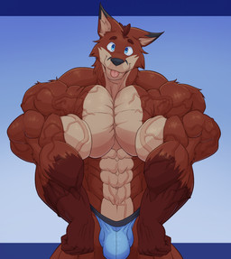 abs anthro biceps big_muscles blep blue_clothing blue_eyes blue_jockstrap blue_underwear bulge clothed clothing countershade_face countershade_torso countershading deltoids detailed_bulge eyebrows fingers fist flexing forearm_muscles fur hair head_tuft huge_muscles hyper hyper_muscles jockstrap jockstrap_only looking_at_viewer male muscular muscular_anthro muscular_male navel obliques pecs pose raised_eyebrows red_body red_fur serratus simple_background smile solo standing tongue tongue_out topless trapezius triceps tuft underwear underwear_only vein veiny_muscles kaioat canid canine fox mammal red_fox true_fox digital_drawing_(artwork) digital_media_(artwork) hi_res portrait