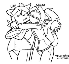 anthro anthro_on_anthro arms_around_partner blush bottomwear clothing crossed_arms dipstick_tail duo eyewear female glasses heart_symbol hug jacket male male/female markings open_mouth pants romantic romantic_couple tail tail_markings topwear felino lettuce_(lettuce) peter_(felino) domestic_cat felid feline felis mammal rodent sciurid tree_squirrel 2026 black_and_white monochrome sketch
