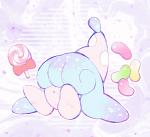 abstract_background bean blue_hair candy dessert food hair hair_over_eyes heart_symbol jelly_bean lollipop long_hair open_mouth pseudo_hair purple_background simple_background sitting solo tentacle_hair tentacles text minashirazu nintendo pokemon generation_8_pokemon hatenna pokemon_(species) waddling_head 2019