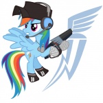 blue_body blue_feathers blue_fur clothing cutie_mark electronics feathered_wings feathers female feral fur gun hair hat headgear headphones headwear holding_gun holding_object holding_ranged_weapon holding_weapon multicolored_hair multicolored_tail rainbow_hair rainbow_tail ranged_weapon simple_background solo tail weapon white_background wings hobofortress friendship_is_magic hasbro my_little_pony mythology team_fortress_2 valve rainbow_dash_(mlp) scout_(team_fortress_2) equid equine mammal mythological_creature mythological_equine pegasus 1:1 crossover