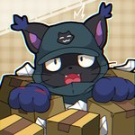 anthro bandai_namco black_body black_fur blackgatomon_uver. box clothing container dclaretxrevolt digimon digimon_(species) digimon_ghost_game fur gloves handwear hat headgear headwear hood male shadowed_eyes solo