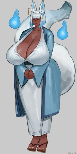 asian_clothing big_breasts blue_hair breasts brown_body brown_skin cleavage clothed clothing ear_piercing ear_ring east_asian_clothing eyes_closed feet female footwear foxfire front_view geta hair huge_breasts humanoid_feet humanoid_hands japanese_clothing kimono markings mature_female mature_humanoid mole_(marking) nails piercing plantigrade ring_piercing smile solo standing tail three-quarter_view white_hair skrats esunami animal_humanoid canid canid_humanoid canine canine_humanoid fox fox_humanoid humanoid mammal mammal_humanoid full-length_portrait hi_res portrait
