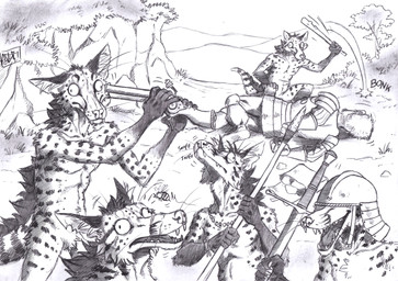 anthro armor biped breastplate clothing club_(weapon) derp_eyes featureless_crotch flintlock_pistol fur gauntlets gloves gloves_(marking) group gun handwear headgear helmet holding_gun holding_melee_weapon holding_object holding_polearm holding_ranged_weapon holding_spear holding_sword holding_weapon jewelry male male_anthro male_human markings melee_weapon necklace notched_ear open_mouth open_smile pauldron polearm poleyn ranged_weapon smile sniffing spear spots spotted_body spotted_fur sword violence warrior weapon whiskers wide_eyed 0laffson civet human mammal viverrid 2025 hi_res traditional_media_(artwork)