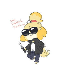 alternate_costume anthro bottomwear clothing daww denim denim_bottomwear denim_clothing dialogue eyewear female hand_in_pocket heart_symbol jacket jeans knife motion_lines pants pockets pose simple_background smile solo standing sunglasses tail tail_motion tailwag text topwear white_background weeeeps animal_crossing nintendo isabelle_(animal_crossing) canid canine canis domestic_dog mammal shih_tzu toy_dog 2018 english_text