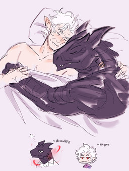 ambiguous_gender anthro bed black_body black_scales chibi cuddling duo eyes_closed furniture male male/ambiguous mouth_closed scales smile dreadwyrmtrance baldur's_gate baldur's_gate_3 bioware dungeons_and_dragons electronic_arts hasbro larian_studios mythology wizards_of_the_coast astarion_(baldur's_gate) dragon dragonborn_(dnd) elf humanoid mythological_creature mythological_scalie scalie vampire