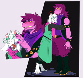 4_toes abstract_background ambiguous_anthro ambiguous_gender annoyed anthro armband barefoot black_boots black_clothing black_footwear blush blush_lines boots bracelet clasp claws clothing duo eyes_closed eyewear fantasy feet finger_claws flustered footwear freckled_arms freckled_face freckles fur glasses green_clothing green_eyewear green_glasses green_robe heart_clasp heart_symbol hug hugging_another jewelry larger_ambiguous male male/ambiguous male_anthro no_irises purple_body purple_scarf purple_skin robe scarf shoes size_difference smaller_male smile spiked_armband spiked_bracelet spikes toe_claws toes unsigned white_body white_fur wristband yellow_clasp yellow_eyes yellow_sclera gala_bobs deltarune undertale_(series) ralsei susie_(deltarune) bovid caprine goat mammal scalie 2026 absurd_res cel_shading digital_media_(artwork) hi_res paint_tool_sai_(artwork) russian_description shaded translated_description female_(lore)
