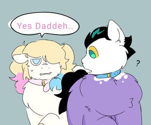 ambiguous_feral ambiguous_gender black_hair black_tail blonde_hair blue_collar blue_eyes bodily_fluids collar confusion dialogue duo female female_feral feral fur hair hair_over_eye looking_at_another pink_collar pink_text purple_body purple_fur sweat tail teal_eyes text twintails_(hairstyle) white_body white_fur yellow_sclera lizzyhp batman_(series) dc_comics fluffy_pony harley_quinn the_joker fluffy_pony_(species) mammal 2024 digital_drawing_(artwork) digital_media_(artwork) english_text