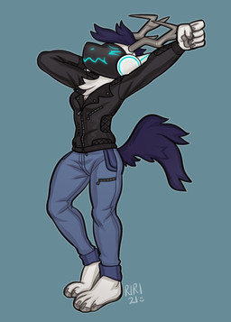 anthro antlers bottomwear clothing denim denim_bottomwear denim_clothing female horn jacket jeans machine pants screen screen_face solo standing stretching topwear rielle fuse_(analogpentium) deer hybrid mammal protogen absurd_res hi_res trans_(lore) trans_woman_(lore)