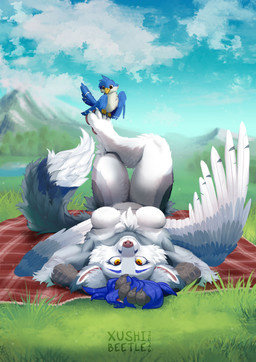 anthro breasts duo featureless_breasts female lying medium_breasts on_back outside scuted_arms scutes wings xushibeetle avian bird canid enfield hybrid mammal hi_res