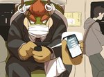 anthro bottomwear business_suit clock clothing detailed_background duo electronics face_mask hoodie kemono male necktie overweight overweight_male pants phone shirt sitting suit text topwear watch wristwatch yoshizaurusu_n mario_bros nintendo bowser human koopa mammal reptile scalie 2020 hi_res japanese_text