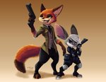 anthro bad_trigger_discipline brown_background clothed clothing duo female fully_clothed fur grey_body grey_fur gun holding_gun holding_object holding_ranged_weapon holding_weapon male open_mouth open_smile orange_body orange_fur purple_eyes ranged_weapon simple_background smile standing toeless_legwear weapon jo-vee-al disney zistopia zootopia judy_hopps nick_wilde canid canine fox lagomorph leporid mammal rabbit red_fox true_fox 2020 absurd_res hi_res