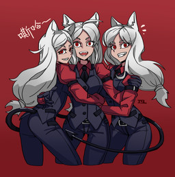 ahoge belt breasts butt clothing female fur group hair long_hair necktie open_mouth red_background red_eyes simple_background smile topwear vest white_body white_fur white_hair crom_cellscream helltaker cerberus_(helltaker) animal_humanoid canid canid_humanoid canine canine_humanoid demon dog_humanoid humanoid mammal mammal_humanoid 2020 absurd_res hi_res portrait three-quarter_portrait