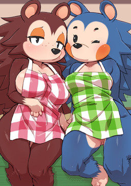 anthro apron apron_only bench big_breasts blue_body blue_fur blush blush_lines breasts brown_body brown_fur clothing duo eyelashes female freckled_face freckles fur hands_touching kemono long_eyelashes mouthless one_eye_closed paws side_boob sitting take_your_pick wink senzoc animal_crossing nintendo mabel_able sable_able eulipotyphlan hedgehog mammal sibling_(lore) sister_(lore) sisters_(lore)