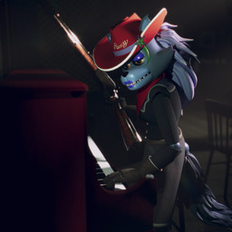 anthro clothing cowboy_hat female gun hat headgear headwear inside keyboard_instrument lever_action_rifle machine musical_instrument on_model piano ranged_weapon rifle solo upright_piano weapon western wild_west winchester_1873 anonamine five_nights_at_freddy's five_nights_at_freddy's:_secret_of_the_mimic five_nights_at_freddy's:_security_breach scottgames steel_wool_studios deadeye_roxanne roxanne_wolf animatronic canid canine canis mammal robot wolf 1:1 2025 3d_(artwork) blender_(artwork) digital_media_(artwork) hi_res