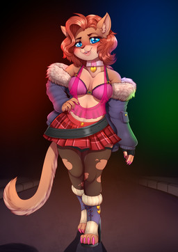 anthro belt blush bottomwear claws clothed clothing collar colored_nails eyebrows eyelashes fangs female fingers footwear front_view hair inner_ear_fluff jacket lips looking_at_viewer miniskirt nails navel navel_piercing piercing skimpy skirt solo teeth thick_bottom_lip toe_claws topwear tuft walking walking_towards_viewer dankflank felid feline mammal 2021 absurd_res digital_media_(artwork) hi_res
