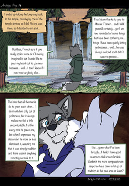4_fingers age_difference anthro bench black_nose blue_body blue_eyes blue_fur clothed clothed_anthro clothed_male clothing dialogue duo fingers fur grey_body grey_fur humanoid_hands kissing_cheek male multicolored_body multicolored_fur outside plant shirt sitting speech_bubble tail teeth text topwear tree tunic two_tone_body two_tone_fur uncomfortable water waterfall white_body white_fur spiritofash andreas_(spiritofash) therion_(spiritofash) canid canine canis mammal wolf comic english_text hi_res