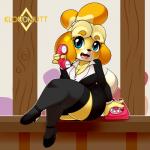 1:1 2017 animal_crossing anthro biped black_nose blue_eyes breasts canid canine canis cleavage clothed clothing crossed_legs digital_media_(artwork) domestic_dog electronics female footwear hair hi_res holding_object holding_phone isabelle_(animal_crossing) kloudmutt legwear looking_at_viewer mammal nintendo open_mouth phone shih_tzu shoes sitting solo thick_thighs toy_dog wide_hipped_female wide_hips
