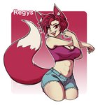 2020 5_fingers abs animal_humanoid athletic athletic_female athletic_humanoid blush bottomwear breasts canid canid_humanoid canine canine_humanoid clothing female fingers fox_humanoid hair humanoid inner_ear_fluff kdhynamo looking_at_viewer mammal mammal_humanoid open_mouth red_eyes red_hair regys_(carp) shirt short_hair shorts simple_background smile solo stretching tank_top topwear tuft