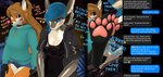 4_toes 5_fingers anthro black_clothing black_shirt black_tank_top black_topwear blue_eyes blue_hair blush bottomwear breasts brown_eyes brown_hair chat chat_box cleavage clothed clothing collar dialogue duo electronics emoji feet female female/female fingers flirting fur grey_body hair hands_on_legs heart_symbol hoodie inner_ear_fluff leg_grab long_hair looking_down multicolored_body multicolored_fur open_clothing open_hoodie open_topwear orange_body orange_fur pattern_background pawpads paws phone profanity red_hair shirt shorts shy simple_background sitting snout suggestive sweater talking_to_another talking_to_partner tank_top text text_message texting thinking thoughtful_expression timid toes topwear tuft two_tone_body two_tone_fur white_body white_fur lewdshark canid canine fish fox mammal marine shark absurd_res english_text hi_res