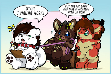 anthro black_body black_fur blue_eyes breasts brown_body brown_fur brown_hair chibi claws collar collar_only dialogue ear_tuft eyes_closed fangs featureless_breasts female fur gesture group hair hand_gesture horn kemono leash leash_pull leashed_collar male nude open_mouth pawpads pencil_(object) pointing speech_bubble tablet tan_body tan_fur teal_eyes teeth text tongue tongue_out trio tuft white_body white_fur o-kemono bickzel o-kemono_(character) riikka canid canine canis mammal wolf 2024 digital_drawing_(artwork) digital_media_(artwork) english_text